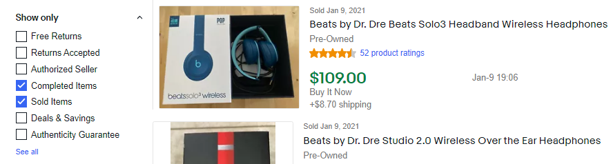 eBay completed and sold listings Beats by Dre